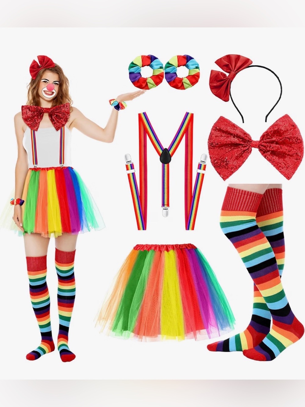 7 Pcs Clown Costume Set for Women /Girls
Rainbow Tutu Skirt Socks-one size